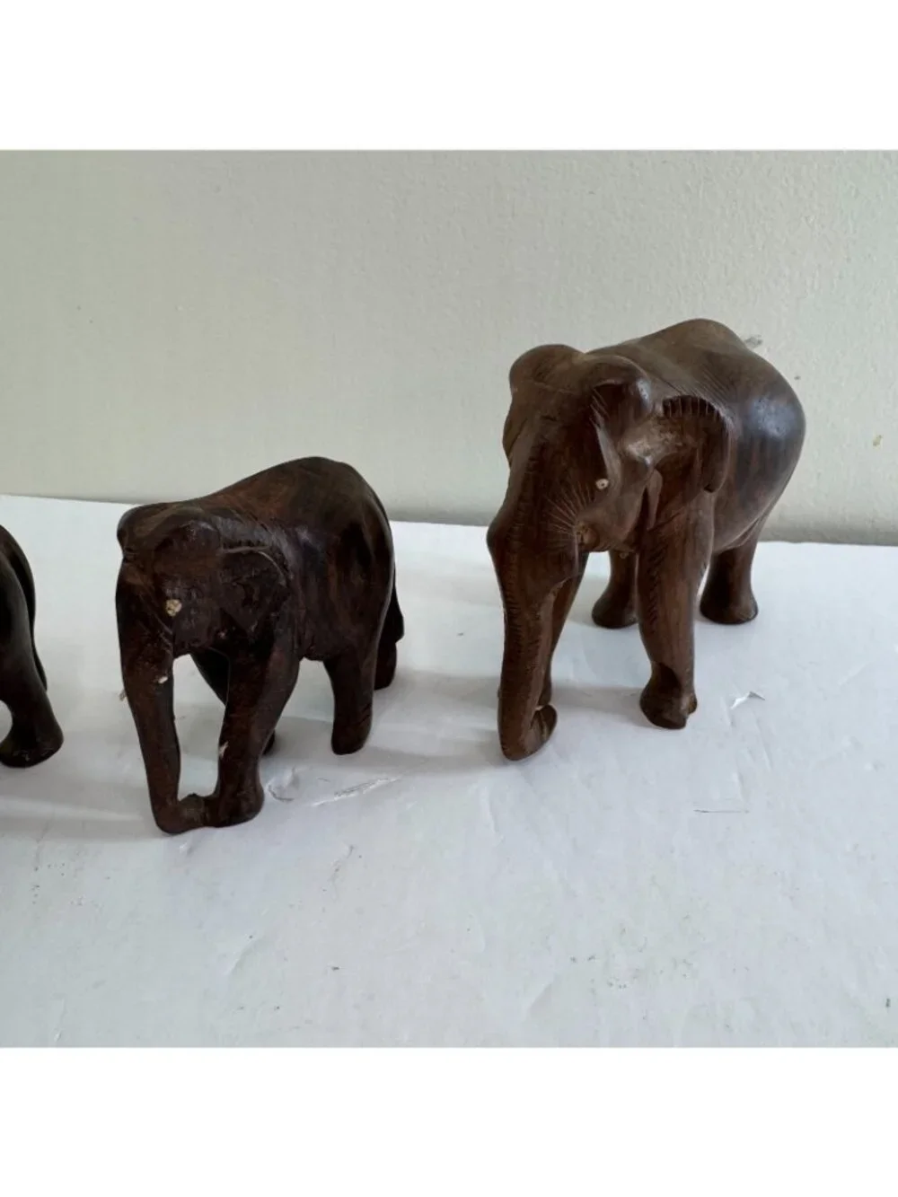 Hand Carved Wooden Elephant Figurines Lot Vtg Carved Wood Animal Decor Set of 3